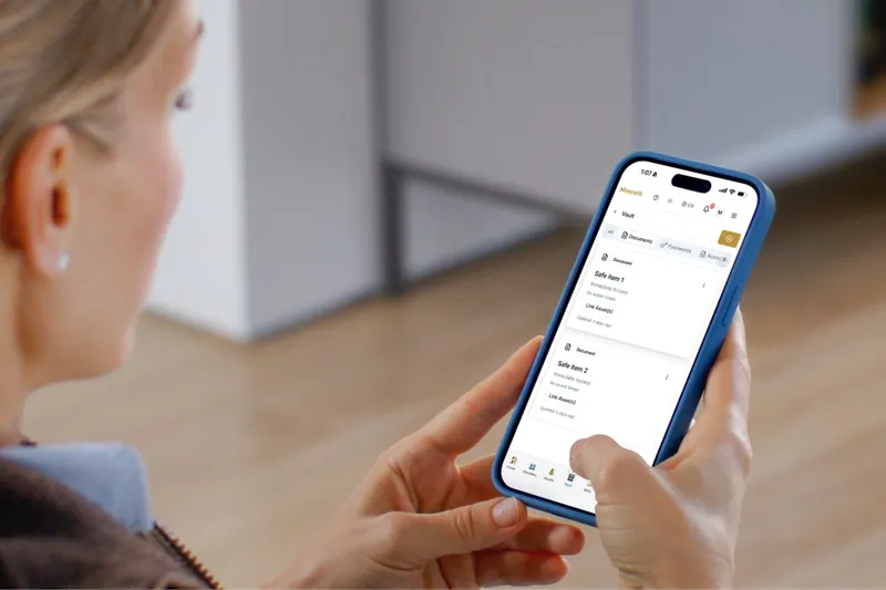 Meerath encrypted Digital Vault interface displayed on a mobile phone.